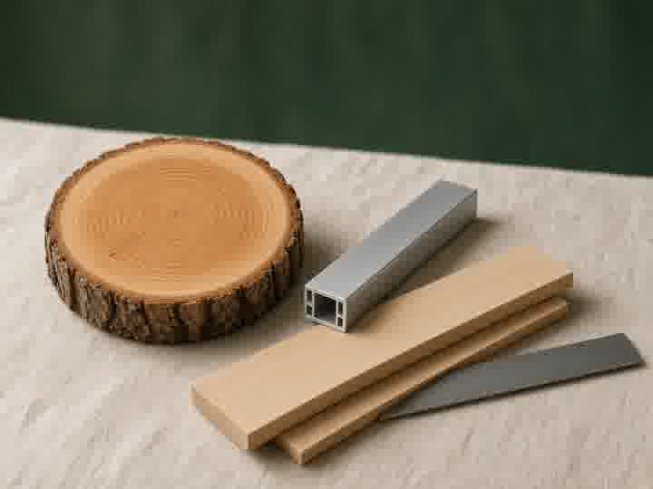 Growth rings, an aluminum profile and sawn pine.